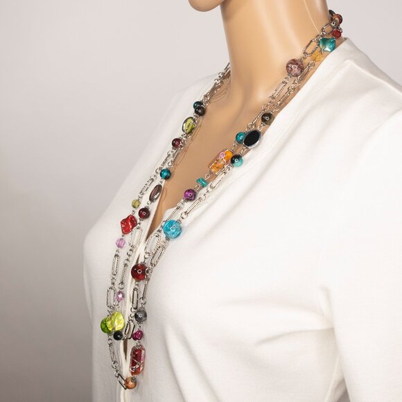 Long Necklace With Chains And Colorful Faux Stones - Picture 2 of 15